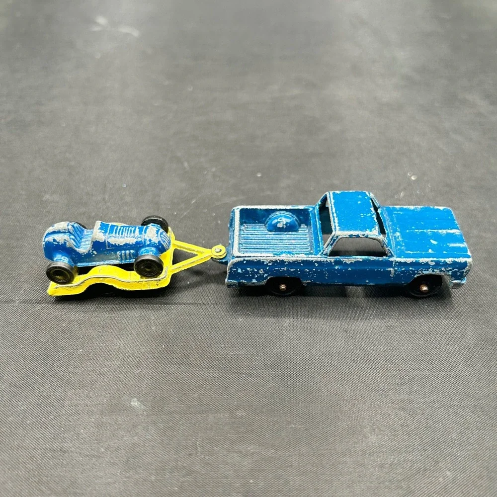 Vintage Tootsietoy Blue El Camino Truck with Race Car & Trailer 60s Diecast